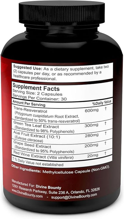 Resveratrol Supplement - 1400mg Extra Strength Formula with Grape Seed Extract, Green Tea Extract, Red Wine Extract - 60 Veggie Capsules