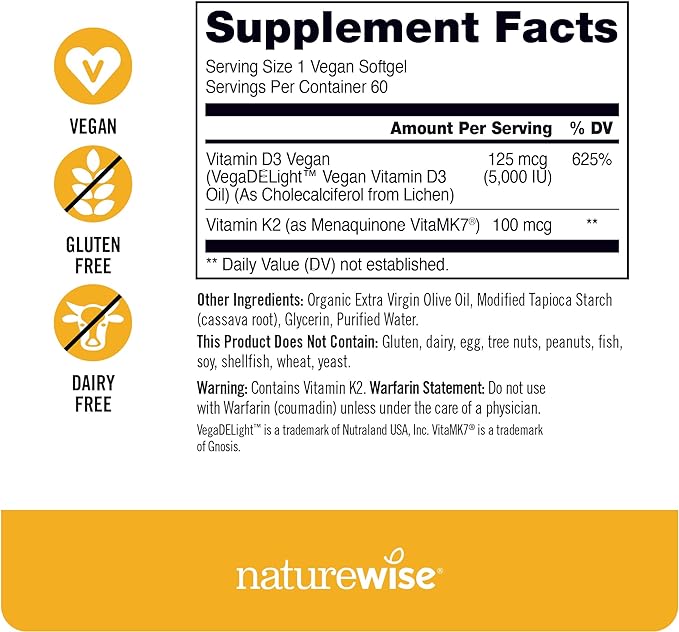 NatureWise Vitamin D3 + K2 with Plant Based Vitamin D3 5000IU & 100mcg Vitamin K2 as MK-7 - Max Absorption - Vegan Non-GMO - Immune Support - with Extra Virgin Olive Oil - 60 Softgels[2-Month Supply]