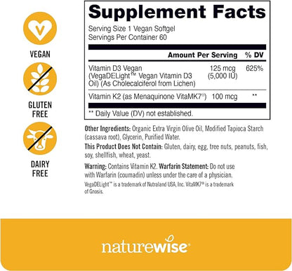 NatureWise Vitamin D3 + K2 with Plant Based Vitamin D3 5000IU & 100mcg Vitamin K2 as MK-7 - Max Absorption - Vegan Non-GMO - Immune Support - with Extra Virgin Olive Oil - 60 Softgels[2-Month Supply]