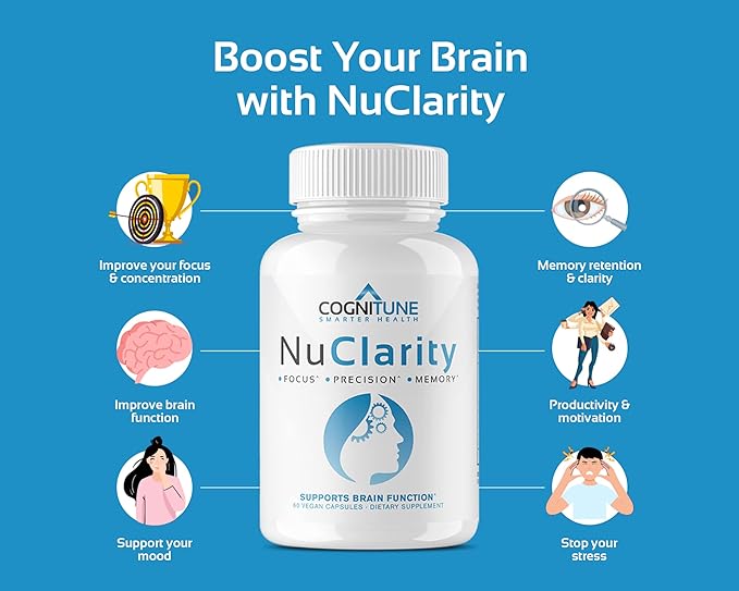 NuClarity - Premium Nootropic Brain Supplement - Focus, Energy, Memory Booster - Mental Clarity & Cognitive Support - Ginkgo Biloba, Bacopa Monnieri, Alpha-GPC, Phosphatidylserine, Rhodiola Rosea