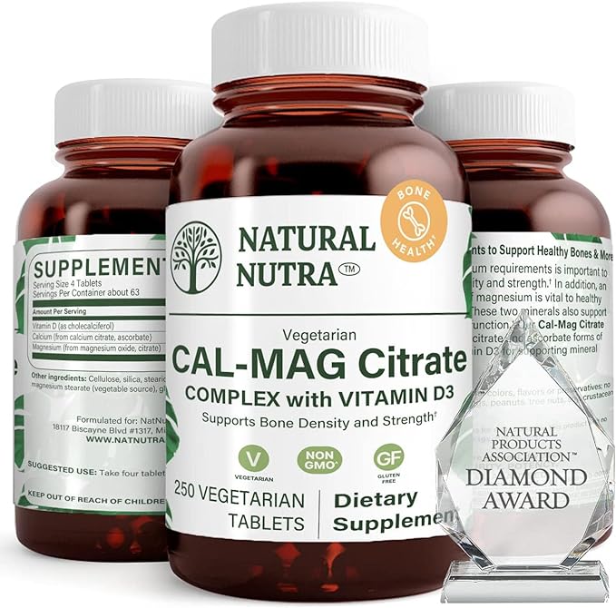 Natural Nutra Cal-Mag 1000/500 mg Citrate with Vitamin D3, Strengthen Bone Density, Muscle and Nerve Health, Highly Bioavailable Sources, 250 Vegan Tablets.