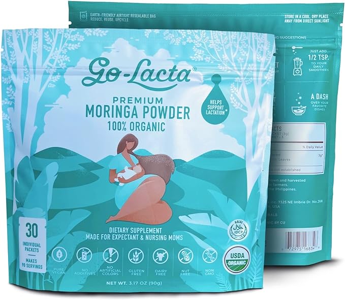 Go-Lacta® Super Moringa Powder: Boost Breast Milk Naturally! 30 3g Packets of Pure Organic Moringa - Perfect for Moms, 100% Vegan