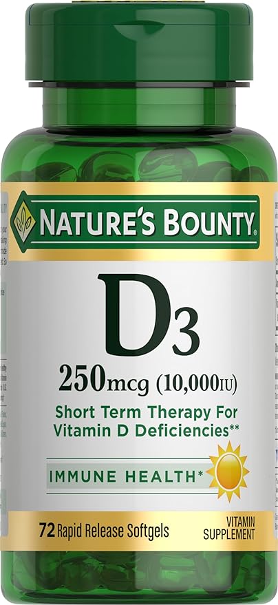 Nature's Bounty Vitamin D for Immune Support and Promotes Healthy Bones, 10000IU, Softgels, Multi-Color, 10,000 IU, 72 Count (Pack of 1)