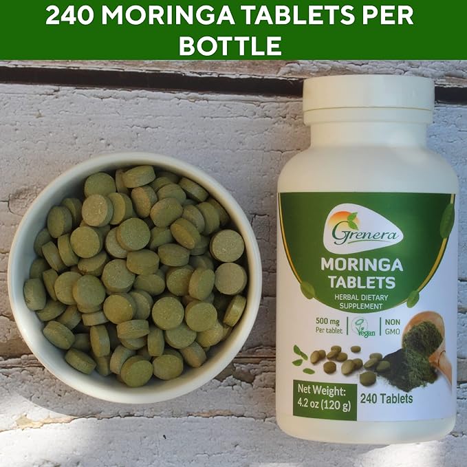 Grenera Moringa Tablets 240 nos, Uncoated Malunggay Herbal Supplement, No Chemical Coating, Green Superfood, Lab Tested for Purity