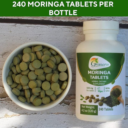 Grenera Moringa Tablets 240 nos, Uncoated Malunggay Herbal Supplement, No Chemical Coating, Green Superfood, Lab Tested for Purity