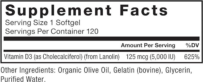 FORCE FACTOR Vitamin D3 5000 IU Softgels, High-Potency Vitamin D Supplement to Support Immunity and Bone Health, Premium Quality, No Preservatives, 120 Softgels