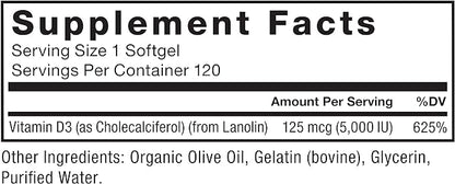 FORCE FACTOR Vitamin D3 5000 IU Softgels, High-Potency Vitamin D Supplement to Support Immunity and Bone Health, Premium Quality, No Preservatives, 120 Softgels
