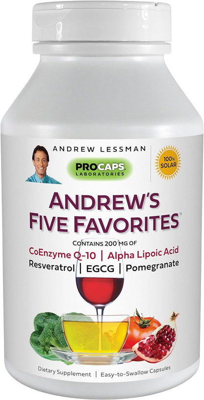 ANDREW LESSMAN Andrew's Five Favorites 500 Capsules – Provides 200mg Each of Coenzyme Q-10, Resveratrol, EGCG, Pomegranate and Alpha Lipoic Acid, Powerful Anti-Oxidant Support, No Additives