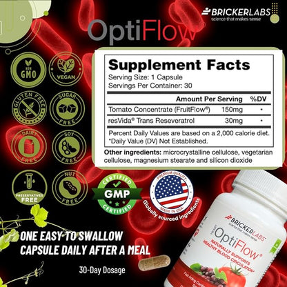 OptiFlow Blood Circulation Vitamins, Naturally Supports Healthy Blood Flow, Contains FruitFlow and resVida Trans resveratrol. Blood Optimizer Supplement, 30 Capsules