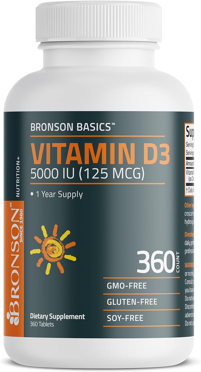 Bronson Vitamin D3 5,000 IU (125 MCG) 1 Year Supply for Healthy Muscle Function and Immune Support, Non-GMO, 360 Tablets