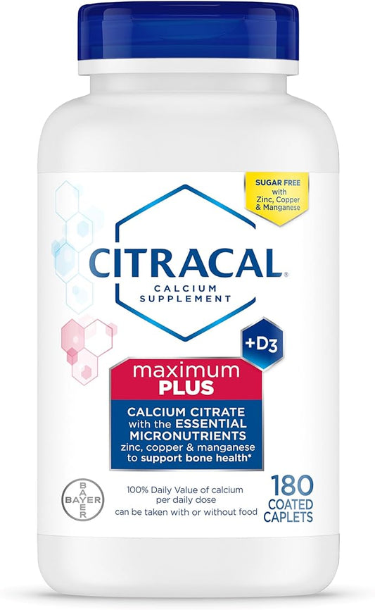 Citracal Maximum Plus, 650 mg Calcium Citrate, easily absorbed and highly soluble with 25 mcg (1000 IU) Vitamin D3, Bone Health Support, Calcium Supplement for Ages 12+, 180 Count