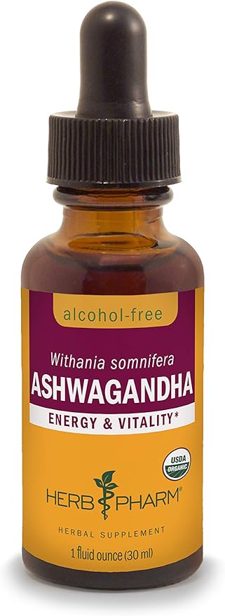 Herb Pharm Organic Ashwagandha Liquid Extract, Alcohol-Free: Mood Support Supplement, Vegan Ashwagandha Root Glycerite, Tasty Non-Bitter Adaptogen Extract for Adults, Non-GMO, 1 Oz