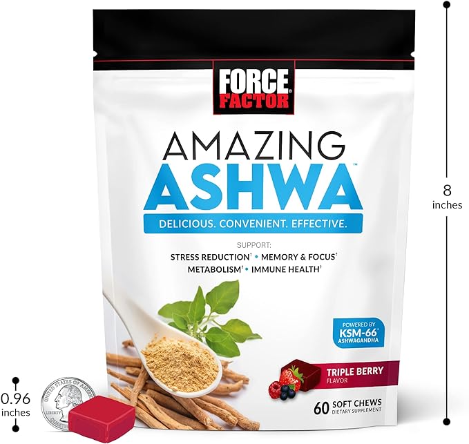 FORCE FACTOR Amazing Ashwa for Stress Relief, Memory, Focus, and Immune Support Health, Ashwaganda Supplement with KSM-66 Ashwagandha for Stress, 120 Soft Chews