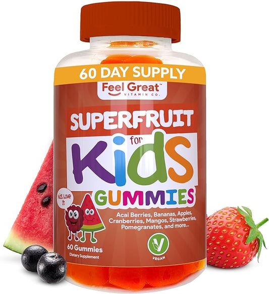 Feel Great Superfruit Gummies for Kids | Vegan Kids Multivitamin Gummies for Optimal Health & Immune Support | Fruity Flavored Fruit Supplement Gummies | Gelatin Free | 60 Day Supply