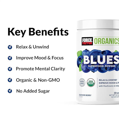 Force Factor Organics Blues Superfood Powder for Stress Relief and Mood Support with Ashwagandha, Blue Spirulina Powder, Cordyceps, and Lion’s Mane, Vegan and Non-GMO, Summer Berry, 30 Servings