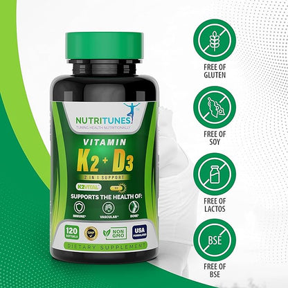 Vitamin K2 + D3 (120 Softgels) - Vitamin D3 K2 Supplement - Supports Cardiovascular & Bone Health - Non-GMO - Allergen-Free - 120 Softgels