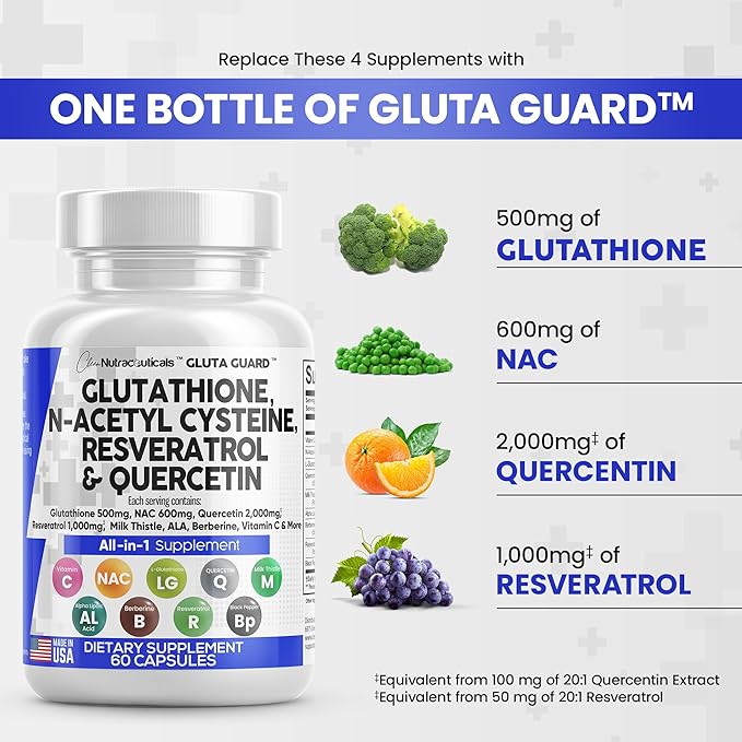 Clean Nutraceuticals Glutathione 500mg Supplement with Vitamin C N Acetyl Cysteine 600mg Berberine 1000mg Resveratrol Quercetin Alpha Lipoic Acid - Reduced L Glutathion Free Form Women 60 Ct USA Made