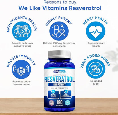 We Like Vitamins Resveratrol 1000mg per Serving - 180 Easy to Swallow Veggie Capsules - Natural Resveratrol Supplement 1000mg - Antioxidant Supplement Helps Support Anti-Aging and Immune System