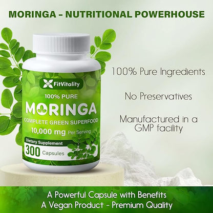 Moringa Capsules| 300 Capsules| Moringa Oleifera| 10,000mg| 100% Pure & Natural| Non-GMO and Gluten Free Supplement | Complete Green Superfood | Moringa Leaf Extract Powder