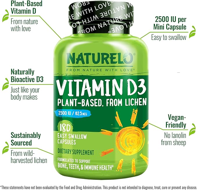 NATURELO Vitamin D - 2500 IU - Plant Based from Lichen - Natural D3 Supplement for Immune System, Bone Support, Joint Health - Vegan - Non-GMO - Gluten Free - 180 Mini Capsules