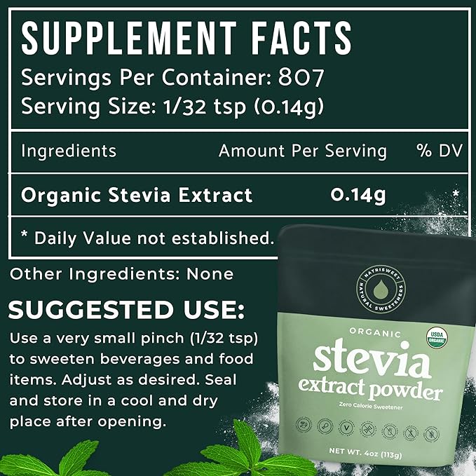 NatriSweet Stevia Powder, 4 oz, Pure Stevia Sweetener with No Additives, No Fillers, Zero Carbs, Zero Calorie, Organic Stevia Powder For Sugar Substitute, 300 Times Sweeter Than Sugar, 800+ Servings