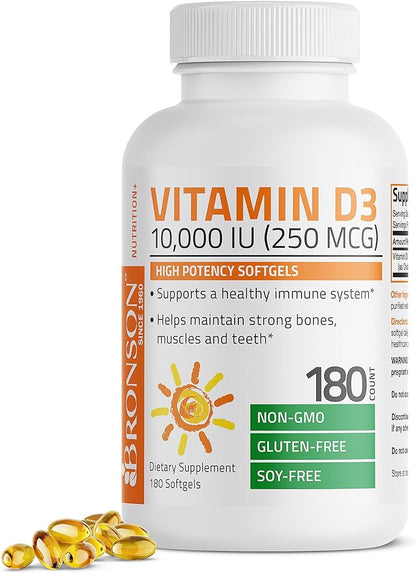 Bronson Vitamin D3 10,000 IU (250 mcg) High Potency - Supports Healthy Immune System, Strong Bones, Muscles & Teeth - Non GMO, 180 Softgels