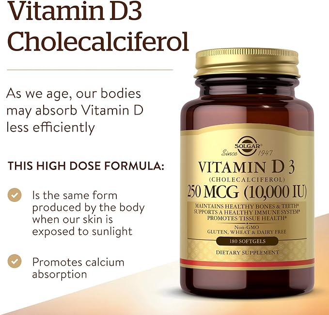 Solgar Vitamin D3 Cholecalciferol 250 MCG 10000 IU Softgels Helps Maintain Healthy Bones Teeth Immune System Support Non GMO Gluten, Dairy Free Servings, 180 Count