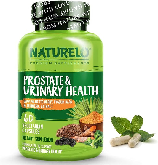 NATURELO Prostate & Urinary Health, Comprehensive Formula with Saw Palmetto, Pygeum, Tumeric, Plant Sterols, Broccoli and Lycopene, 60 Vegetarian Capsules