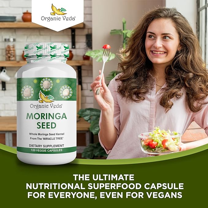 Organic Veda Moringa Seed Capsules, 1000mg - 100% Natural Moringa Seed Powder with Nutrients, Antioxidants, Vitamins, Minerals & Enzymes - Glowing Skin, Immunity & Energy Support - Non-GMO, 120 Count