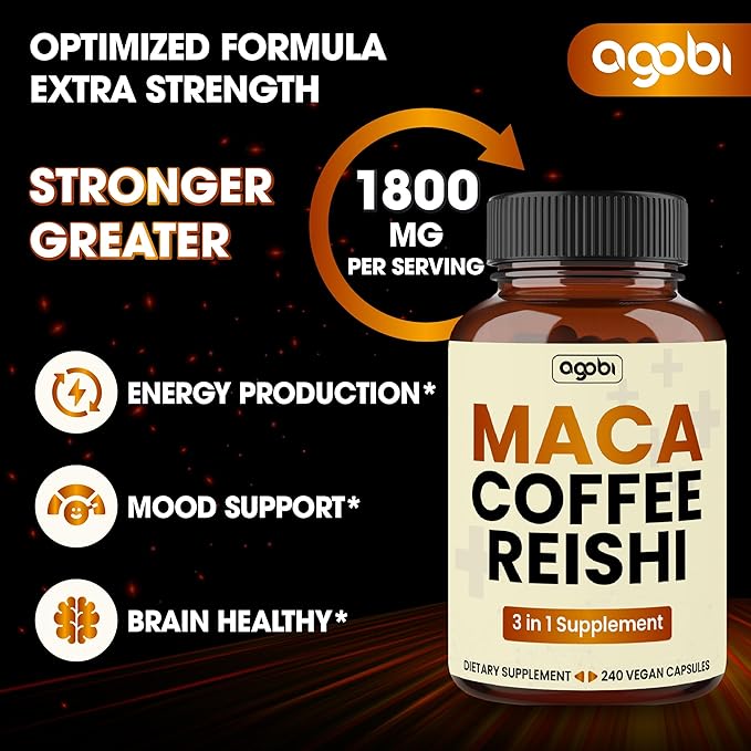 agobi 1800mg Maca Coffee Supplement with Reishi Mushroom - 60 Vegan Capsules - Support for Energy Production, Mood Support, Immune System & Stamina - Gluten-Free, Non-GMO