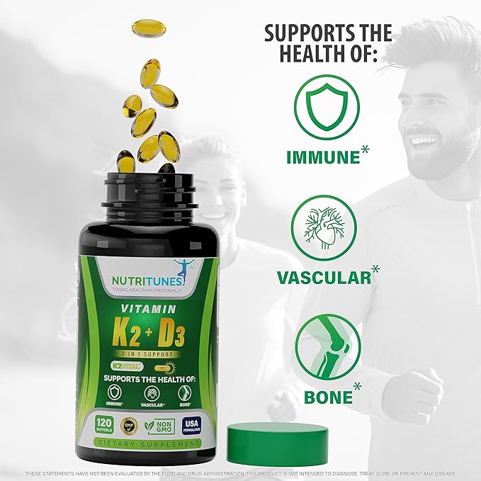 Vitamin K2 + D3 (120 Softgels) - Vitamin D3 K2 Supplement - Supports Cardiovascular & Bone Health - Non-GMO - Allergen-Free - 120 Softgels