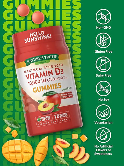 Nature's Truth Vitamin D3 Gummies | 10000 IU | 70 Count | Peach Mango Flavor | Vegetarian, Non-GMO & Gluten Free Supplement