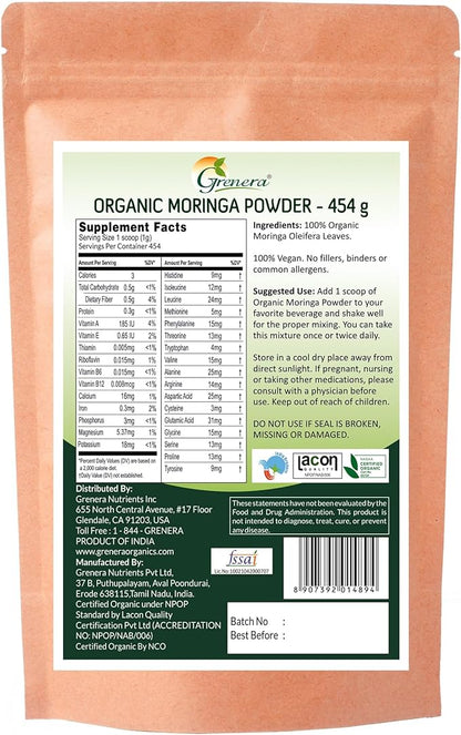 Grenera Organic Moringa Powder 1 lb (16oz/454g), Moringa Oleifera Leaf Powder – USDA, Kosher, Gluten Free, Non-GMO, Perfect for Smoothies, Drinks, Tea & Recipes