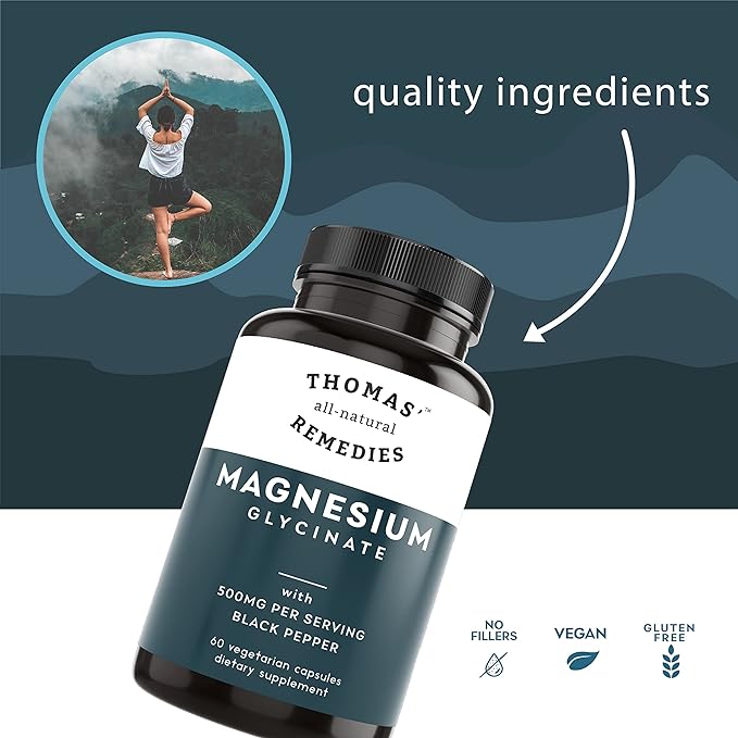 Thomas' all-natural Remedies Magnesium Glycinate Supplements, High Absorption, Dietary Supplements for Muscle and Bone Support, Non-GMO, No Fillers, 60 Vegan Capsules