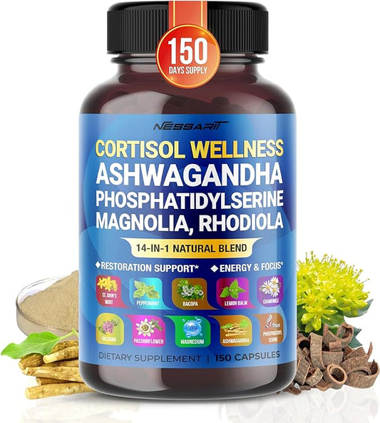 CORTISOL Wellness Ashwagandha 6,000mg 14-in-1 Natural Blend with Phosphatidylserine Magnolia Rhodiola St. John's Wort Peppermint Bacopa - 150 Count - Made & Tested in The USA