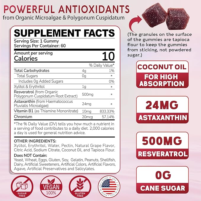 Sugar-Free Astaxanthin 24mg Gummies with Resveratrol, Vitamin B1, Coconut Oil - Powerful Antioxidants Supplement for Men & Women Healthy Aging, Skin, Eyes, Joints, Immune - Vegan, Non-GMO 120 Servings