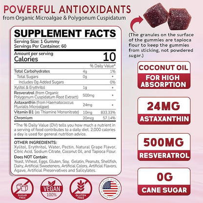 Sugar-Free Astaxanthin 24mg Gummies with Resveratrol, Vitamin B1, Coconut Oil - Powerful Antioxidants Supplement for Men & Women Healthy Aging, Skin, Eyes, Joints, Immune - Vegan, Non-GMO 120 Servings