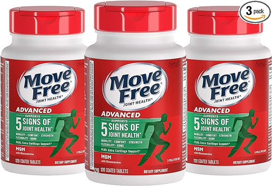 Move Free Advanced Glucosamine Chondroitin MSM Joint Support Supplement, Supports Mobility Comfort Strength Flexibility & Bone - 120 Count (Pack of 3)