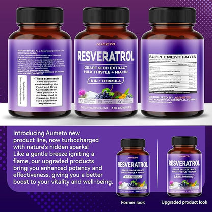 Ultra Resveratrol 8 in 1 Formula - with Grape Seed Extract Milk Thistle Niacin (150 Count (Pack of 1))