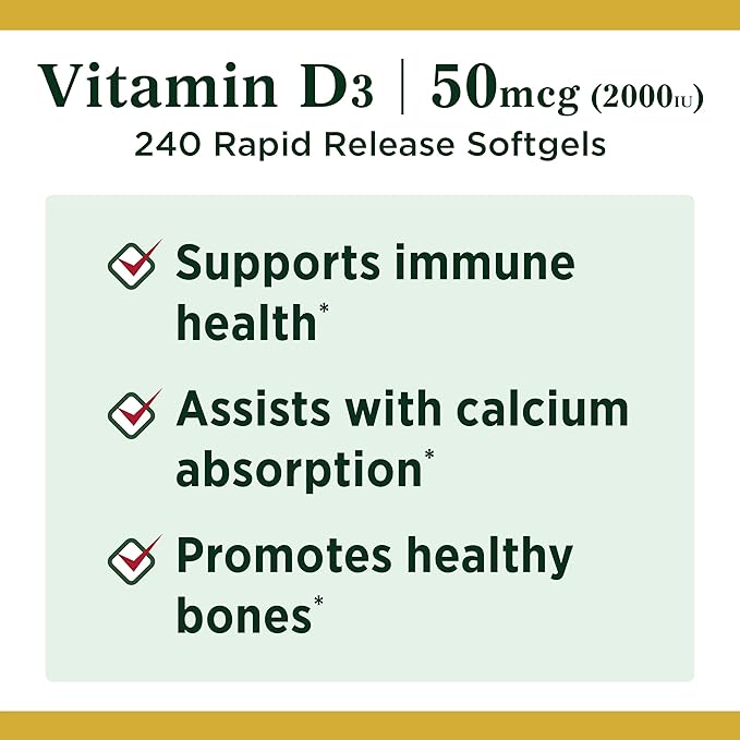 Nature's Bounty Vitamin D3, Immune and Bone Support, Vitamin Supplement, 2000IU, 240 Rapid Release Softgels