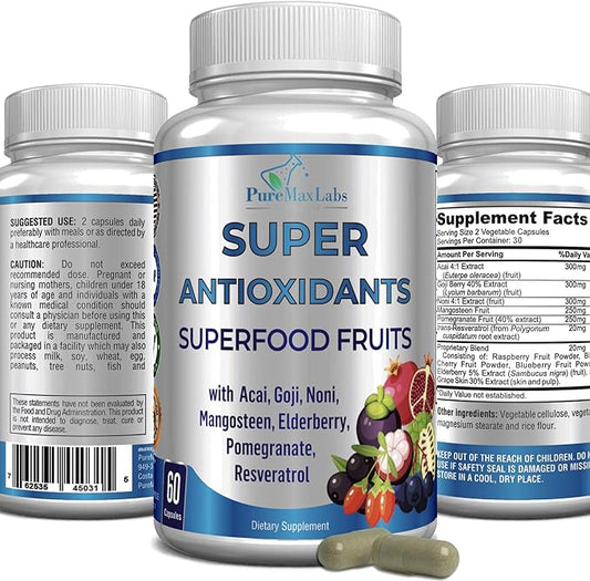 Super Antioxidant Fruit Superfood Complex - Powerful Antioxidant Superfruits, Acai, Goji, Noni, Mangosteen, Pomegranate, Elderberry, Resveratrol, Immune Support, Skin Care - 60 Capsules