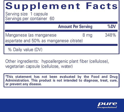 Pure Encapsulations Manganese (Aspartate/Citrate) | Hypoallergenic Trace Mineral Supplement for Connective Tissue and Bones | 60 Capsules