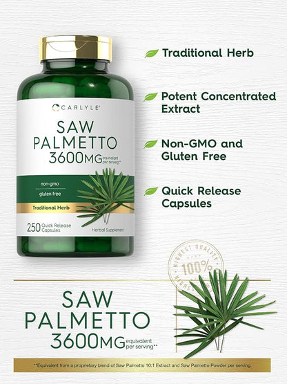 Carlyle Saw Palmetto Extract | 3600mg | 250 Capsules | Non-GMO and Gluten Free Formula from Saw Palmetto Berries