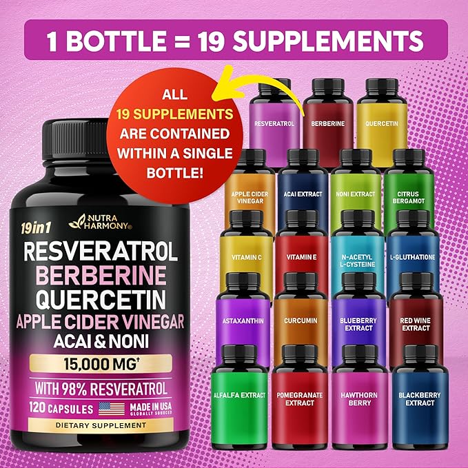 Resveratrol Supplement - 15000mg 19-in-1 Organic Polyphenol Complex - Noni Extract | Berberine | Quercetin | Apple Cider Vinegar | Acai - Made in USA - Antioxidant & Heart Health Support - 120 Caps