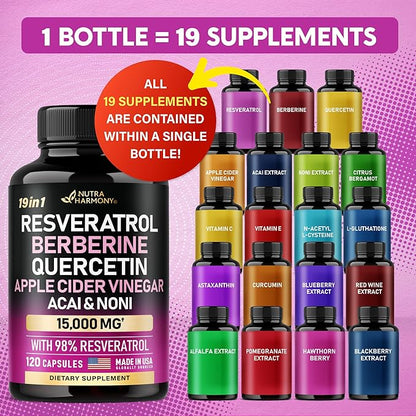 Resveratrol Supplement - 15000mg 19-in-1 Organic Polyphenol Complex - Noni Extract | Berberine | Quercetin | Apple Cider Vinegar | Acai - Made in USA - Antioxidant & Heart Health Support - 120 Caps