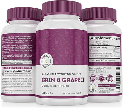 Legacy Wellness GRIN & Grape IT Resveratrol Supplement - Supports Healthy Aging, Skin, Immune, Digestive & Cardiovascular Systems, Brain, Joint Health - 600mg Trans-resveratrol Grape Extract Capsules