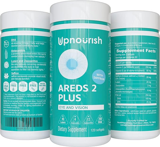 UpNourish AREDS 2+ - Advanced Eye Vitamin Supplement for Macular Health and Dry Eye - Lutein, Zeaxanthin, Saffron, Astaxanthin & DHA - Supports Eye Strain, Pressure, Night Vision - 120 softgels