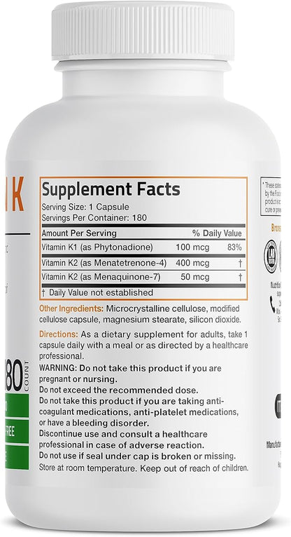 Vitamin K Triple Play (Vitamin K2 MK7 / Vitamin K2 MK4 / Vitamin K1) Full Spectrum Complex Vitamin K Supplement, 180 Capsules