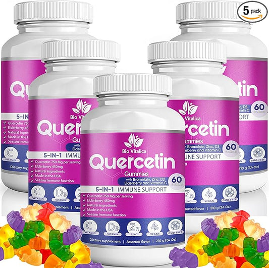 BIO VITALICA (5 Pack) Quercetin Gummies by BioVitalica - Quercetin with Bromelain Vitamin C and Zinc & Elderberry + Vitamin D3-5 in 1 Immune Support - Zinc Quercetin 750 mg for Kids and Adults