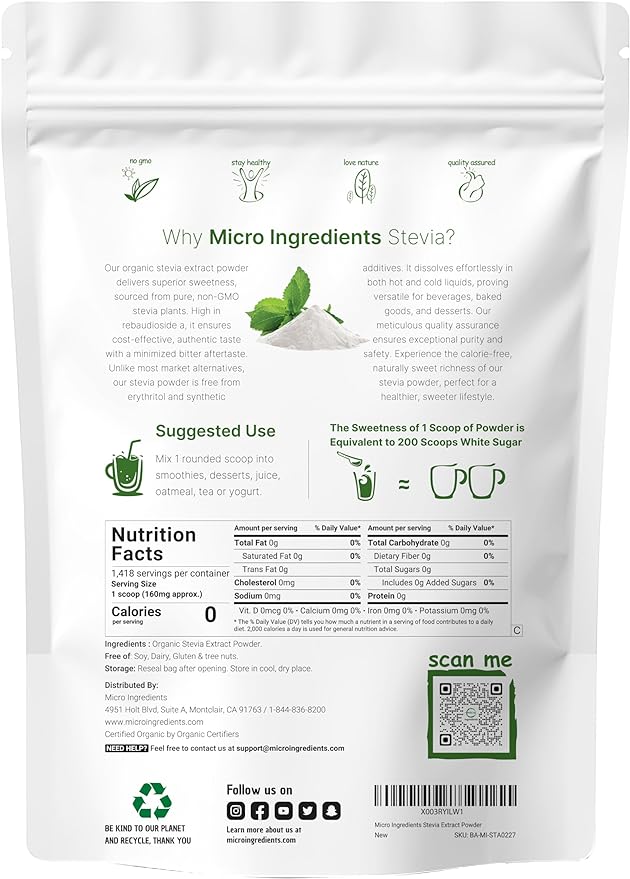 Pure Organic Stevia Powder, 8 Ounces, 1418 Serving, High Grade Stevia Green Leaf Extract Reb-A, Reduced Bitter Aftertaste, 0 Calorie, Natural Sweetener, Sugar Alternative, Keto Friendly